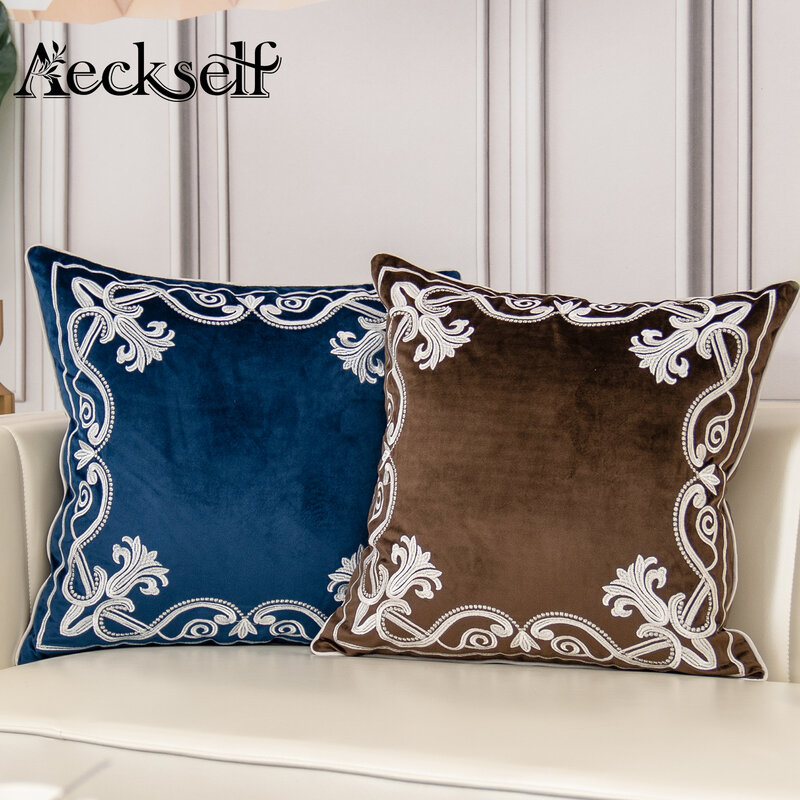 Aeckself Luxury European Flowers Embroidery Velvet Cushion Cover Home Decor Navy Blue Brown Gray Throw Pillow Case Pillowcase