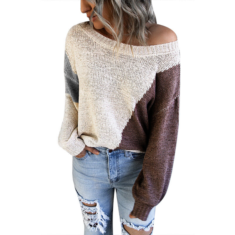 2021 New Fall Winter Solid Color Off Shoulder Long Sleeved Thick Stitch Knitted Tops Women's Casual All Match Pullover Sweater