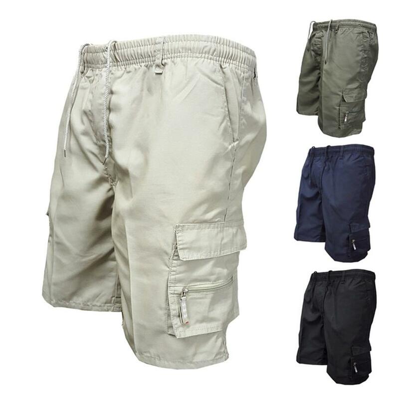 Casual verão masculino cor sólida multi-bolsos com cordão baggy cargo shorts calças multi-bolsos com cordão carga shorts calças