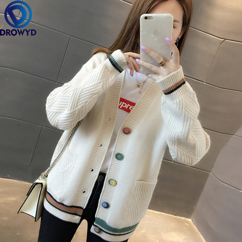 2021 봄 가을 느슨한 한국어 버전의 v-목 야생 카디건 자켓 여성 버튼 색상 일치하는 싱글 스웨터