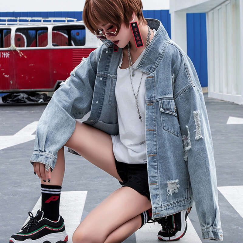 2020 Chic Denim Jackets Oversize Women 블루 자수 스플 라이스 루즈 한 한국 여성 의류 지퍼 코트 Streetwear Roupa Feminina