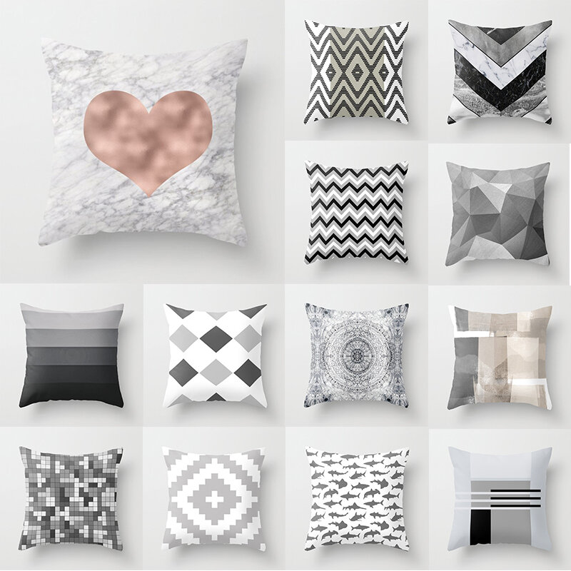 Fronhas decorativas geométricas, capa de poliéster listrada com coração, decoração para casa, cor cinza