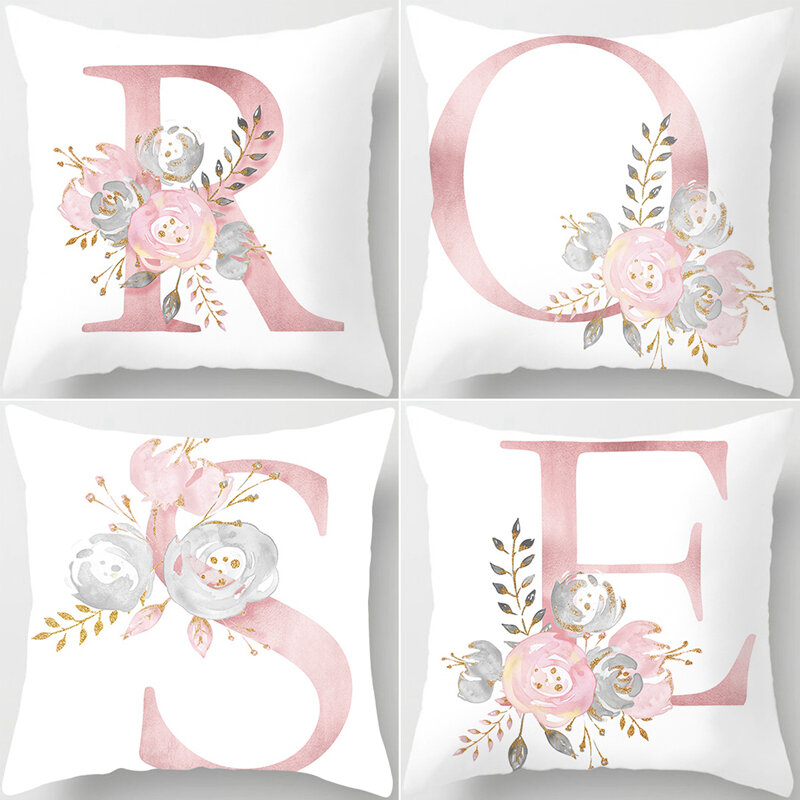Housse de coussin décorative avec lettres roses, taie d'oreiller en Polyester, décoration florale pour canapé