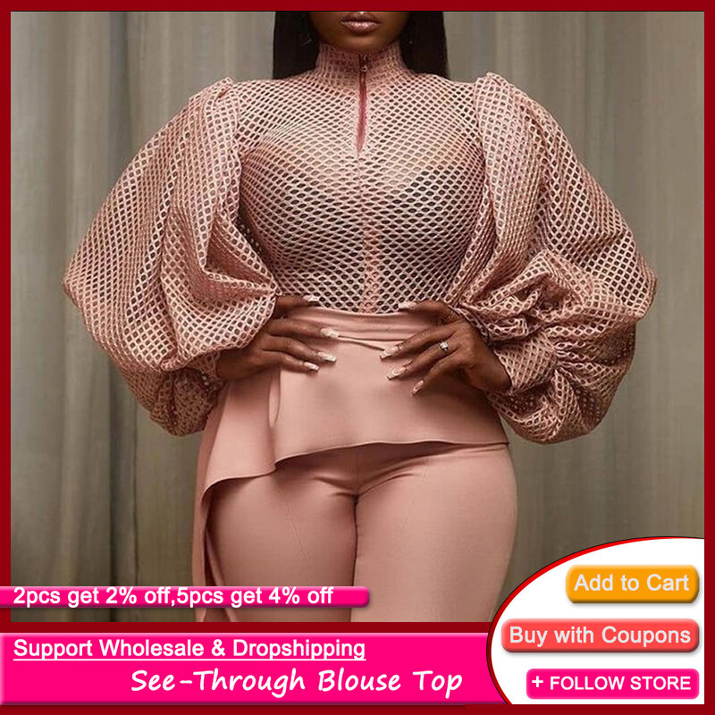 Camicetta da donna di moda africana Pullover trasparente Sexy cucitura a vita alta primavera Top Office Lady Plus Size manica lunga femminile