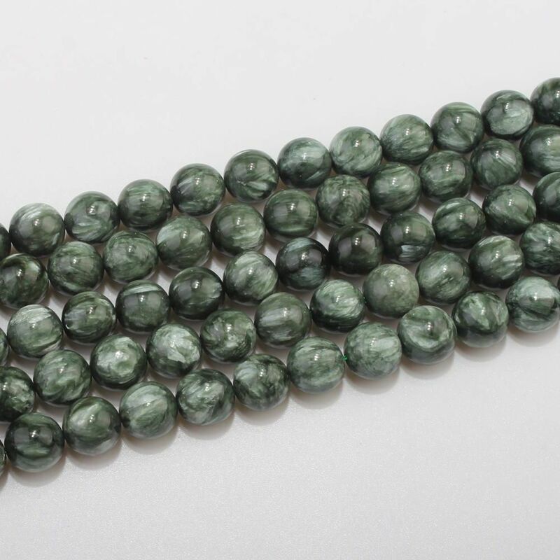 Batu Permata Seraphinite Rusia Alami 6 8 10 12Mm Aksesori Manik-manik Halus Bulat Hijau Anting Gelang Kalung DIY Pembuatan Perhiasan