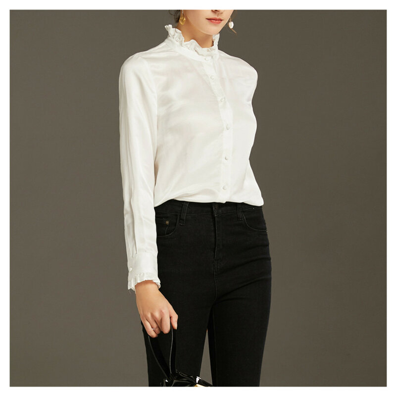 Silviye stójka jedwabna bawełniana biała koszula damska jedwabna moda z długim rękawem westernized top 2020 wiosenna bluzka