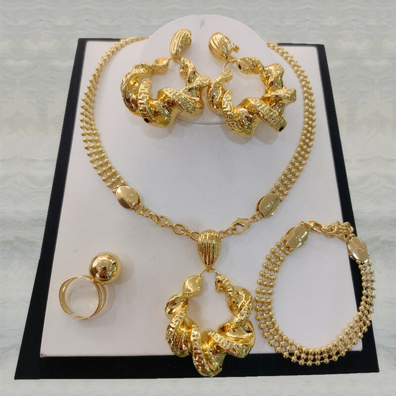 Set Perhiasan Warna Emas Afrika untuk Wanita Pernikahan Pengantin Wanita Kalung Set Perhiasan Kostum Afrika untuk Hadiah Pesta Wanita
