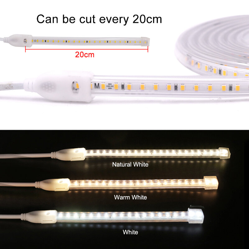 20CM taśma LED do cięcia światła 220V 2835 SMD 120 leds/m elastyczna taśma wstążkowa wodoodporny pasek światła bez ołowiu taśma diodowa ue wtyczka