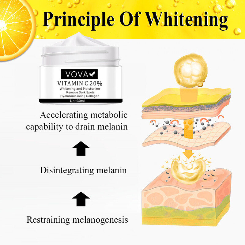Crema blanqueadora con vitamina C para el cuidado de la piel, elimina manchas oscuras, manchas, pecas antienvejecimiento, cicatriz de acné, elimina la melanina blanqueadora, 20%