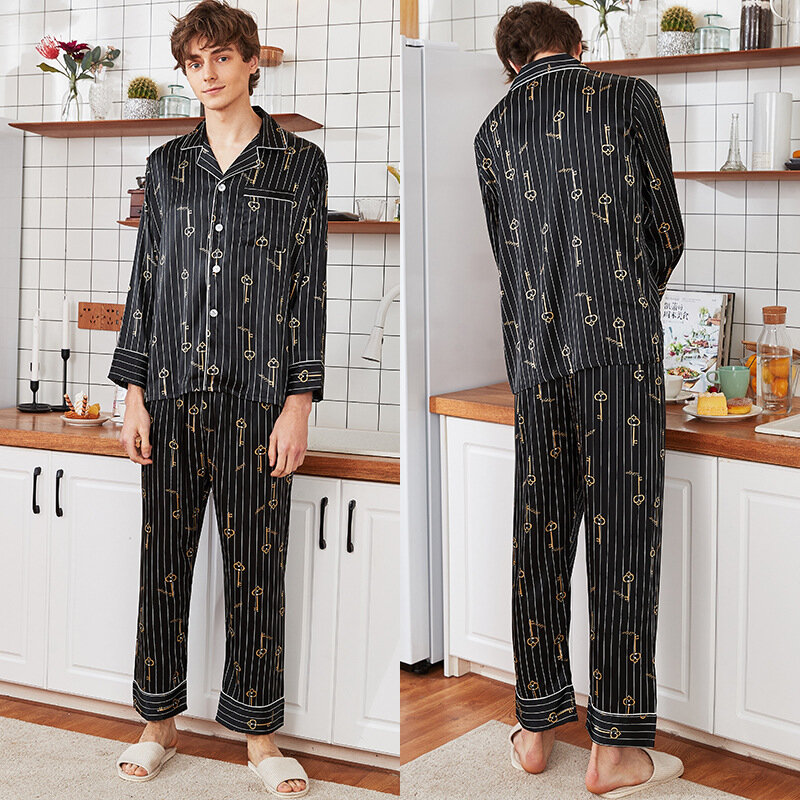 Set Piyama Sutra Pakaian Tidur Pria Musim Semi dan Musim Panas Celana Panjang Lengan 2 Potong Setelan Layanan Rumah Piyama Strip Hitam Pria
