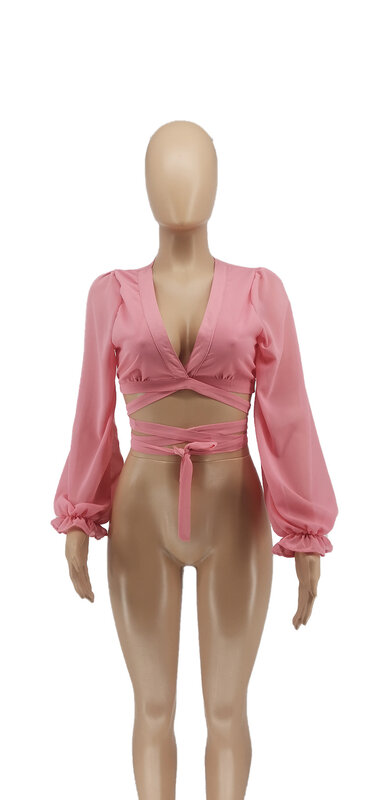 Camisa feminina manga comprida chiffon, blusa feminina bandagem decote v sexy rosa 2021