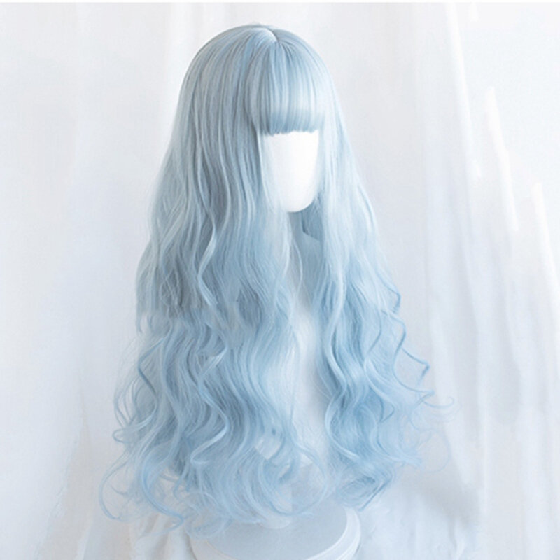 70CM Long Sky Blue Ombre Lolita KC Wig Heat Resistant Bangs Cute Party Synthetic Curly Hair