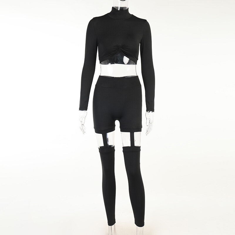 Set Celana Olahraga Yang Cocok Pakaian Wanita Atasan Crop Lengan Panjang dan Legging Pinggang Tinggi Berongga Baju Olahraga Dua Potong