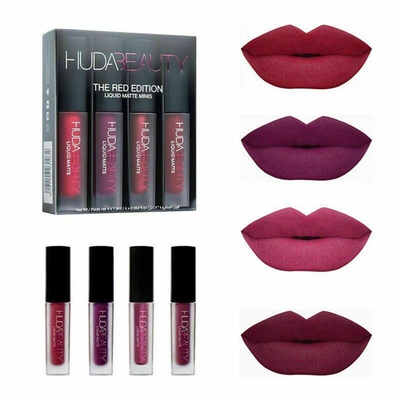 4 Teile/satz HUDA Lip Gloss Mini Lip Glasur Set Vier Matte Wasserdicht Nicht-stick Nicht-fading Lippenstifte Make-Up frauen Kosmetische Lip Pflege