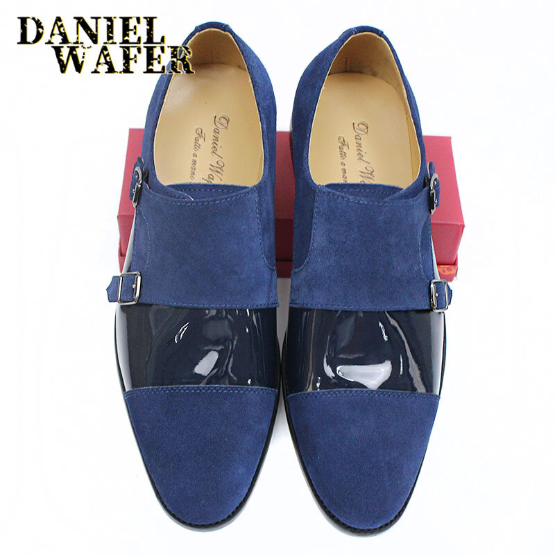Mocasines de lujo para hombre, zapatos de vestir de piel auténtica, estilo clásico, elegantes, informales, con correa de monje, color negro y azul