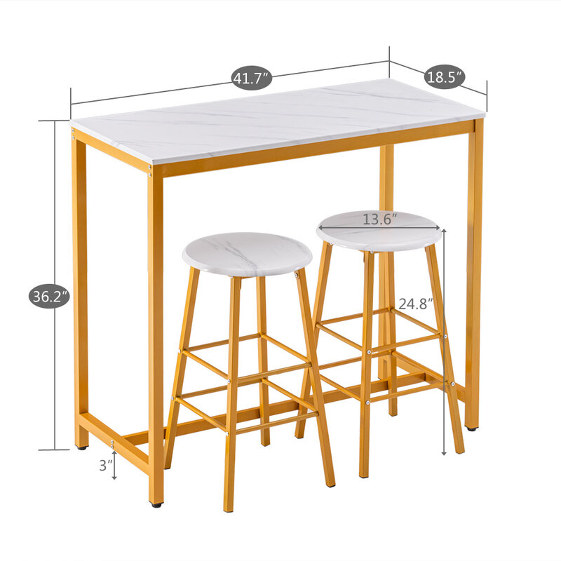 [107 x 47 x 92]cm PVC Marble Simple Bar Table Round Bar Stool Golden Paint (One Table and Two Stools) White US Warehouse