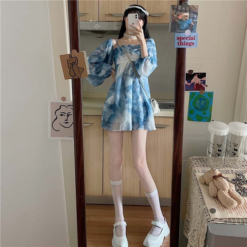 Minivestido coreano con tirantes para mujer, vestido de verano con cuello de una palabra, manga larga, Falda corta, diseño Sense, 2021