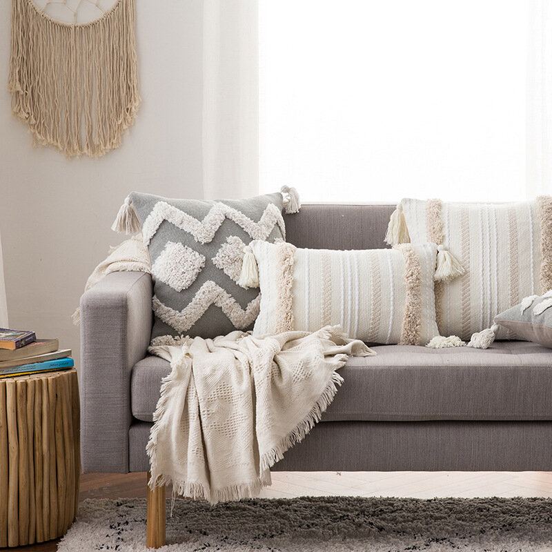 Cojín de decoración bohemio para SILLA, funda de almohada minimalista para asiento de sofá, hogar, copetuda borla, color gris marroquí, 2 tamaños