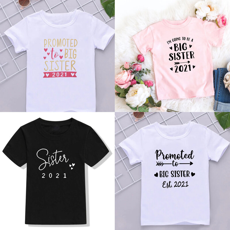 Camiseta infantil, camisa fashion de verão para crianças, manga curta, camiseta branca promovida para irmã grande, 2021, roupas de crianças com estampa de letras