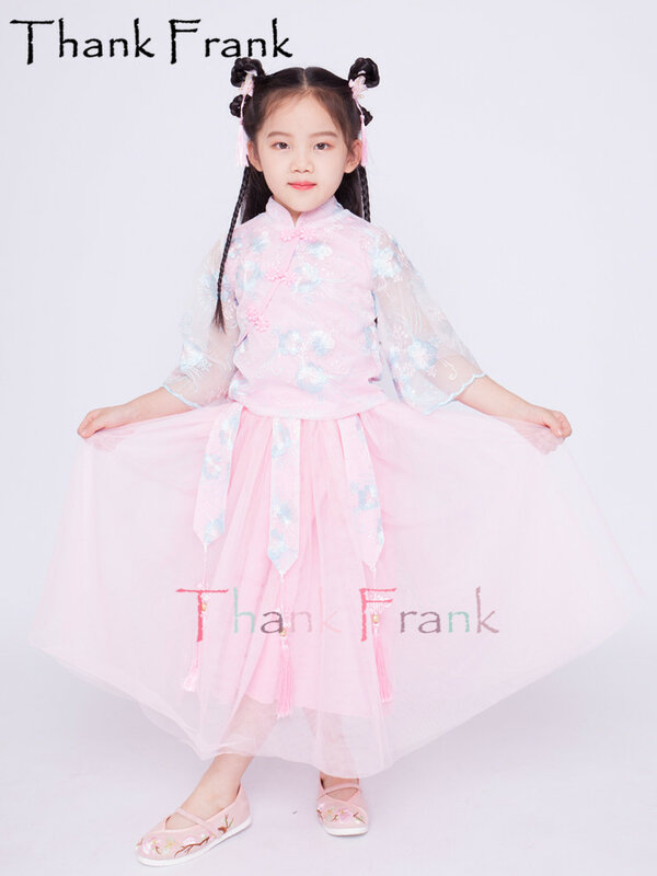 Nieuwe Roze Hanfu Kostuum Meisjes 2-Delige Set Tang Fee Jurk Kids Korte Mouw Chinese Folk Jurken Kind Rave dans Kostuums C734