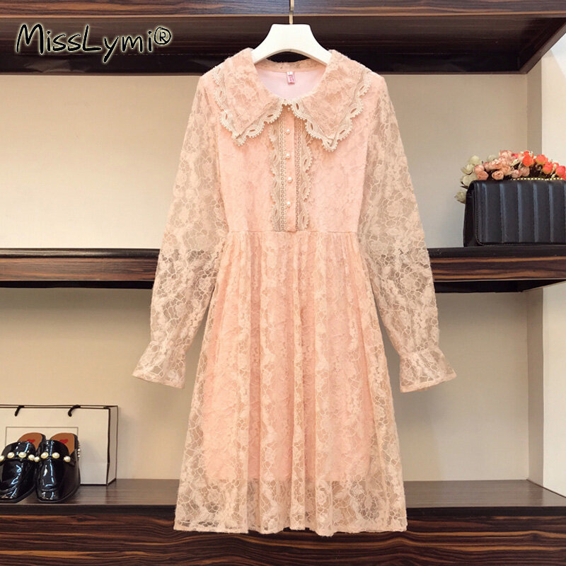 L-4XL Plus Size Women Pink Fairy Dress Spring 2021 Cute Peter Pan Collar See through Long Sleeve Embroidery Lace Dresses