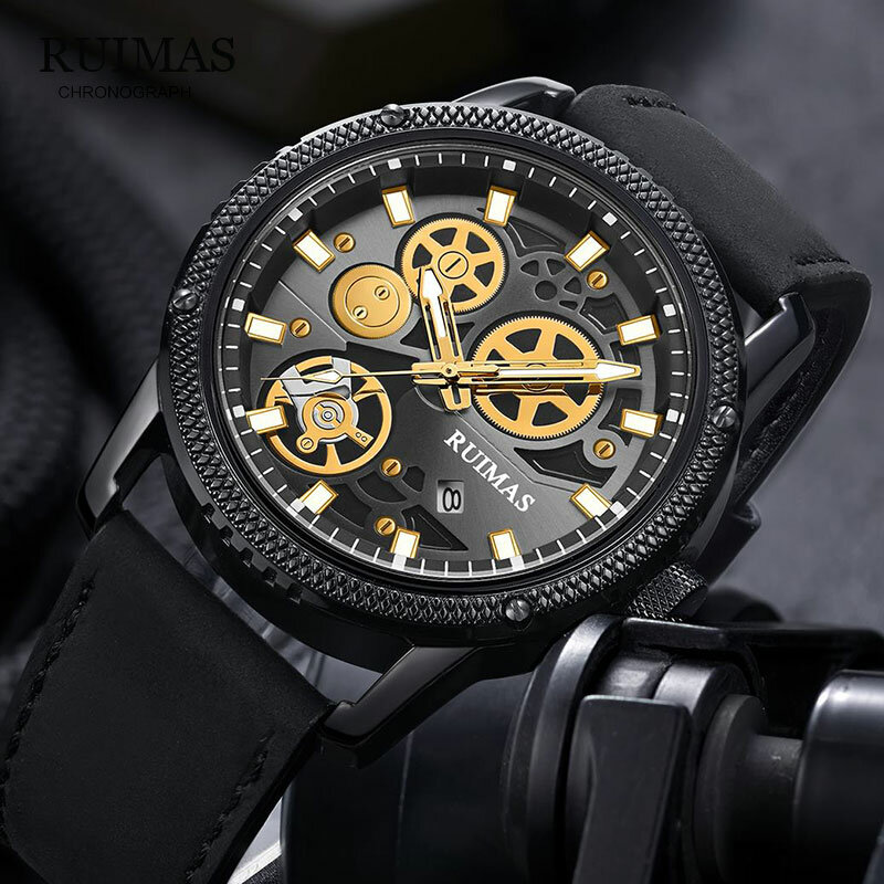 2020 RUIMAS Men Watches Top Luxury Brand Sport Quartz Watch Men Chronograph Waterproof Wrist Watch Man Leather Date Clock RL306G