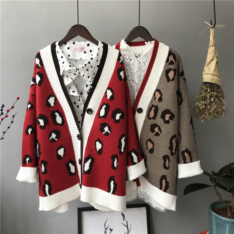 2021 Autumn Winter Knitted Leopard Sweaters Women Korean Thick Panelled Leopard Cardigan Coat Loose Striped Outwear Tops