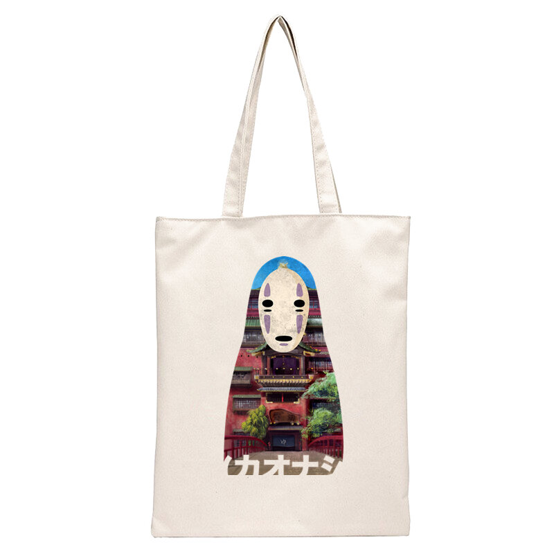 Spirited Away-Bolso de compras reutilizable sin rostro para mujer, bolsa de lona con estampado ecológico, bandolera de dibujos animados