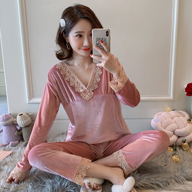 Pajamas for Women Spring and Autumn 2021 Gold Velvet Sweet Lace Long Sleeve Two-Piece Suit Winter Loungewear Outer Wear