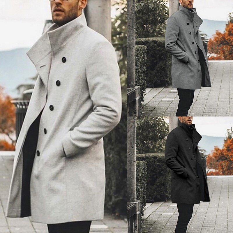 Retro mieszanki płaszcz zimowy mężczyźni długi wykop dorywczo brązowy ciepły wełniany płaszcz Streetwear trencz odzież wierzchnia płaszcz z mieszanki 2021