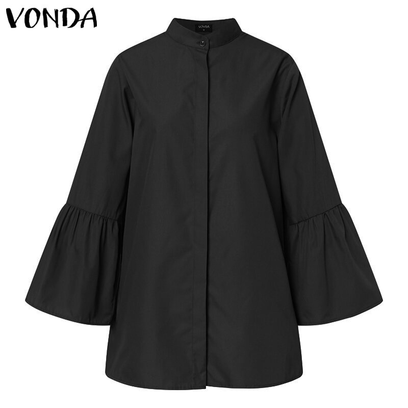 VONDA Plus Size Dress Autumn Women Blouse White Shirt  Flare Sleeve Tops Sexy V Neck Button Up Elegant Office Shirts Blusa