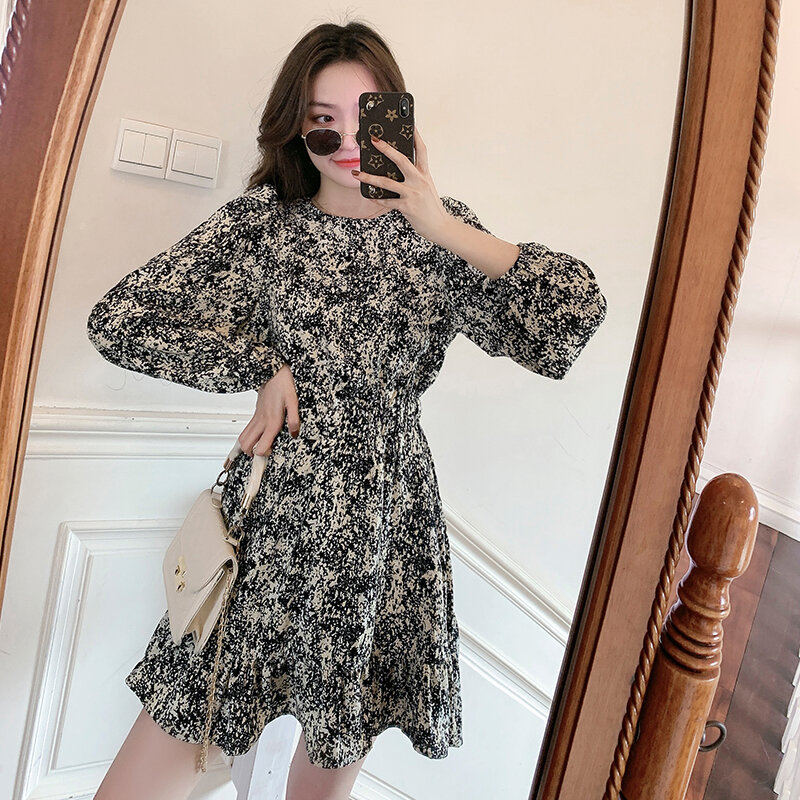 Hebe & eos vestidos femininos vintage, de manga longa, elegante, gola redonda, moda coreana chiffon, vestido estampado, outono 2021