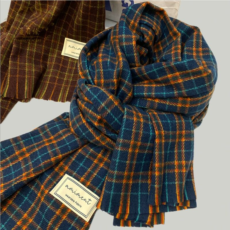 女性のための厚い市松模様のスカーフ,厚くて抵抗力のあるチェック柄のスカーフ,厚くて暖かい,防風,2021