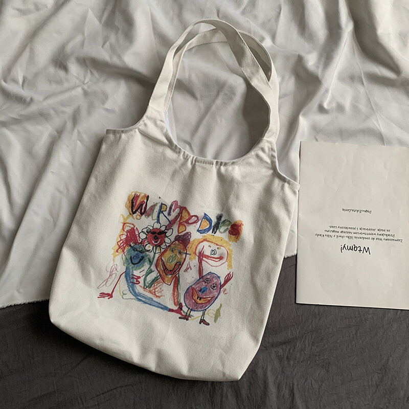 Bolsa tote de lona para mercearia, bolsa de ombro com zíper estampado de desenho animado, bolsa reutilizável