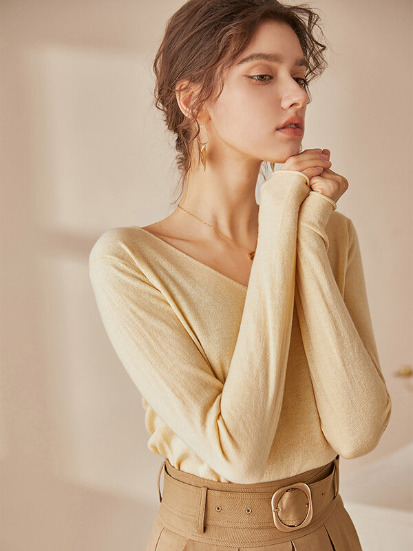 SuyaDream-여성 컬러 울 스웨터 100% 울 V 넥 풀오버, 단색 기본 스웨터 2020 가을 겨울 셔츠