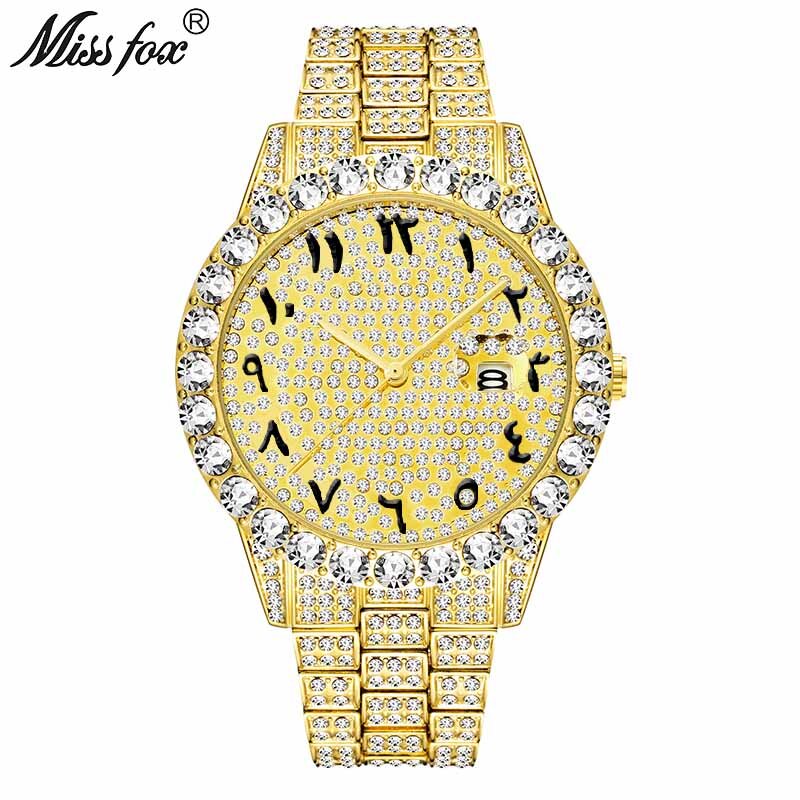 MISSFOX-Reloj clásico de oro de 18k con diamantes grandes para hombre, cronógrafo con números arábigos, marca de lujo