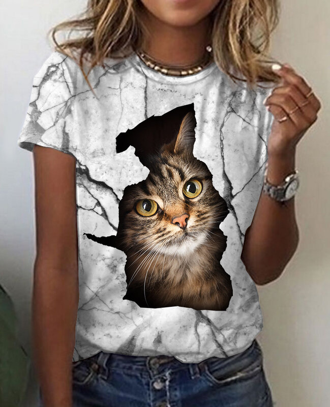 2021 3D 인쇄 숙녀 소녀 티셔츠 귀여운 고양이 동물 라운드 넥 반팔 남여 여름 캐주얼 티셔츠 탑