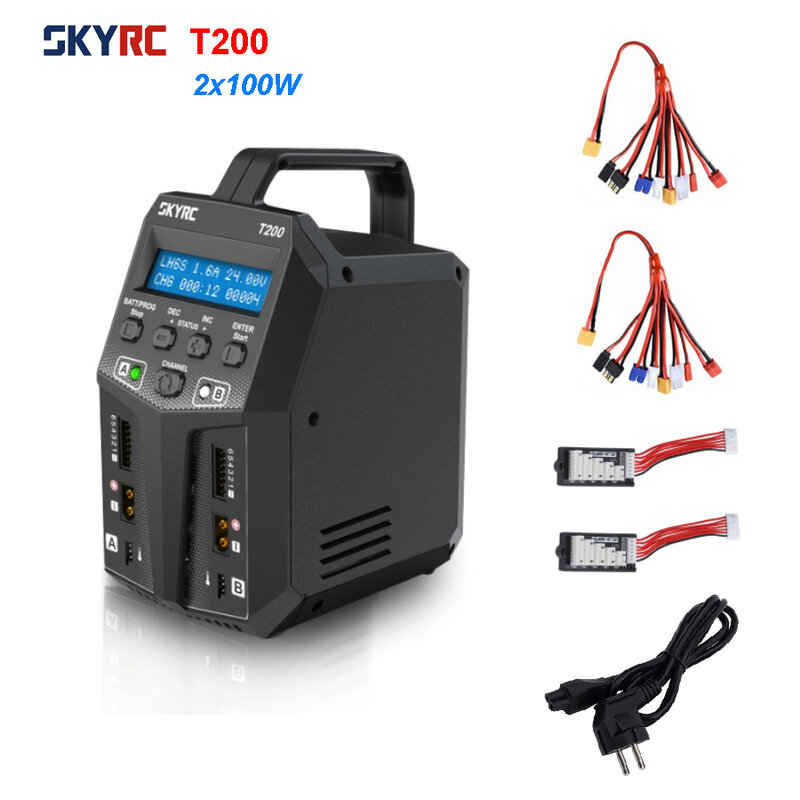 SKYRC-cargador de equilibrio T200, dispositivo con doble enchufe XT60, 12A, 100W, 10W, descargador para LiHV, LiPo, Li-ion, LiFe, NiMH, NiCD, Pb, batería AGM, modos de frío