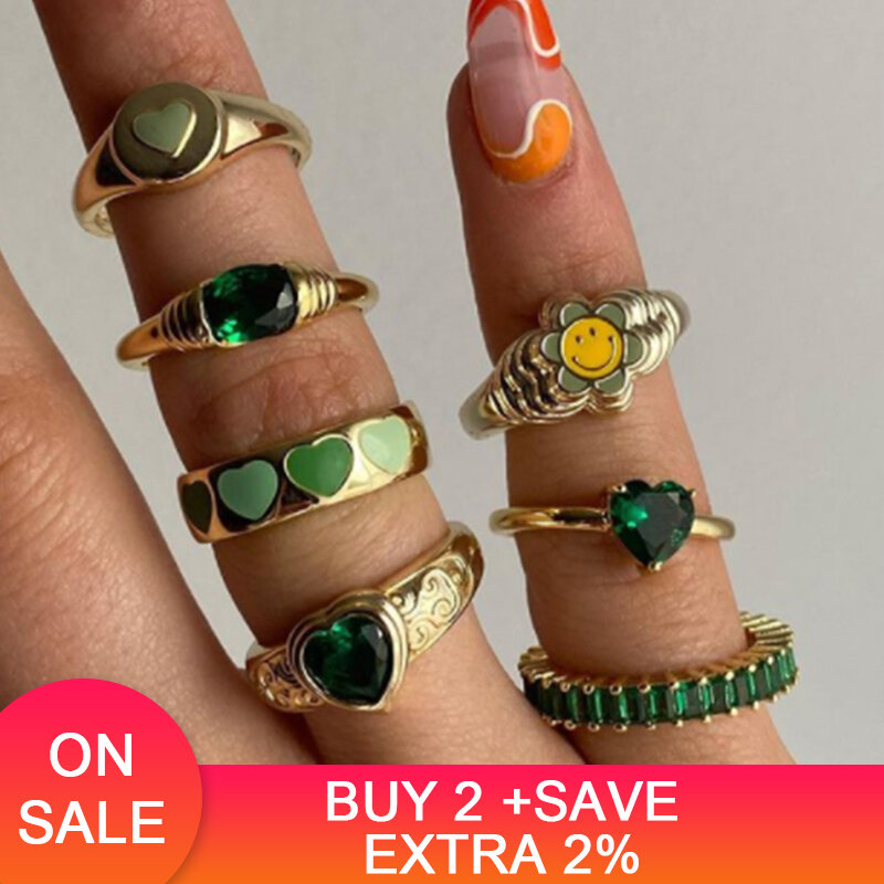 UILZ Y2K Cute Smiley Face Green Enamel Acrylic Zircon Rings for Women Stacked Chunky Metal Ring Fashion Summer Beach Jewelry
