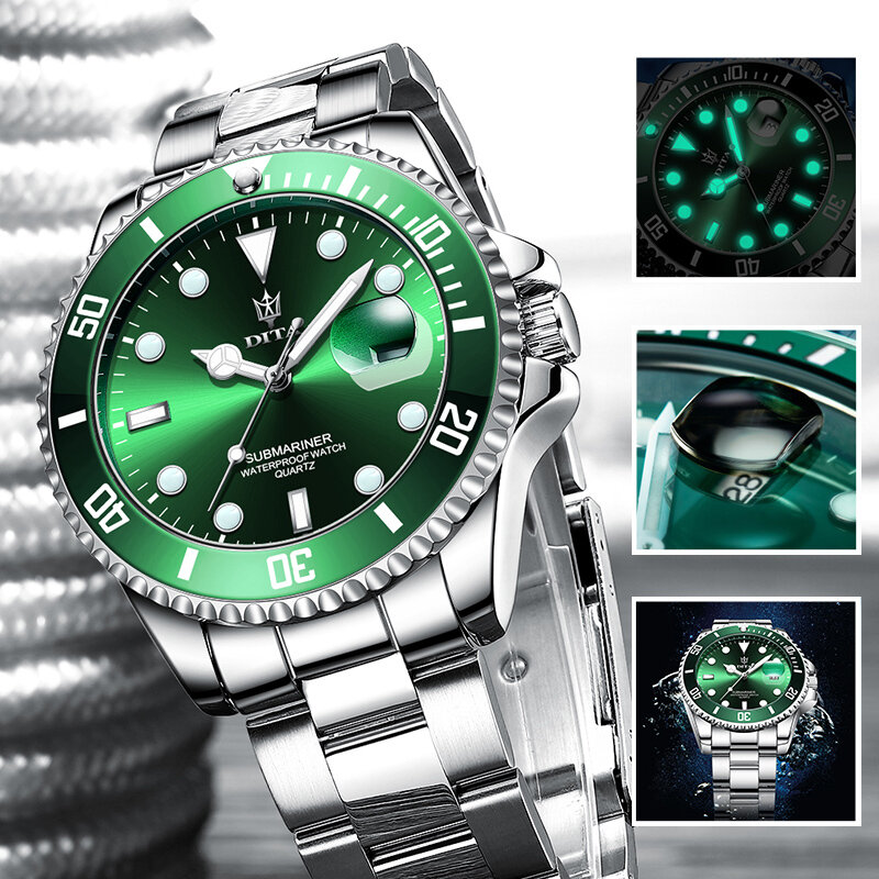 นาฬิกาควอตซ์ผู้ชายสุดหรูสีเขียวนาฬิกากันน้ำMensกีฬาสแตนเลสวันที่นาฬิกาข้อมือชายRelogio Masculino