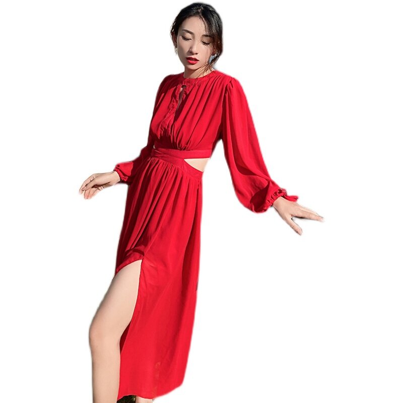 Hebe&Eos Autumn Beach Chiffon Long Dress For Women 2021 O-neck Long Sleeve Hollow Out Maxi Dresses Ladies Red Dress Beachwear
