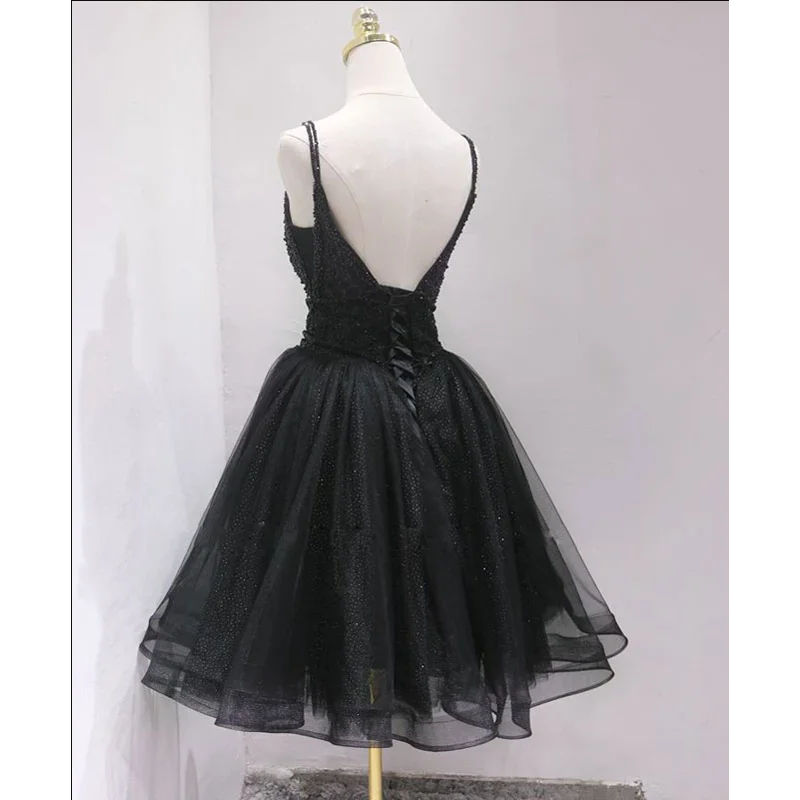 Sexy Black Backless Shining Ball Gown Prom Dress Layers Tulle Party Dress Beading On The Top 