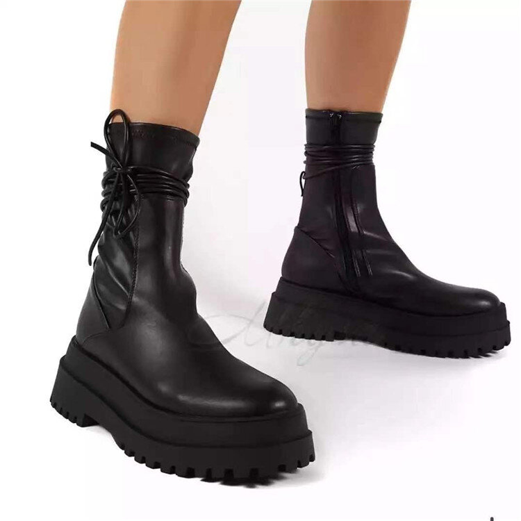 O transporte da gota 2021 outono/inverno meados-up botas de trabalho botas de couro plano 43 tamanho grande de fundo grosso botas femininas