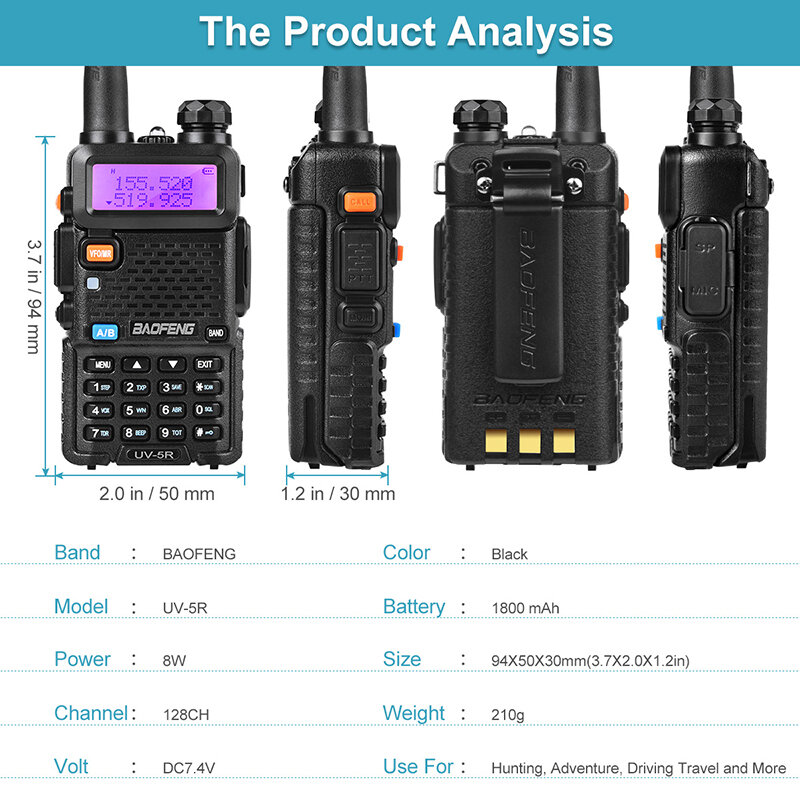 BaoFeng UV 5R Radio bidirezionale Real 8W 10KM 128CH Dual Band VHF(136-174MHz)UHF(400-520MHz) walkie-talkie portatile per prosciutto amatoriale
