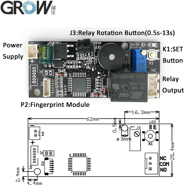 Crescer k261 + r557 dc12v realy saída baixo consumo de energia impressão digital indicador anel luz placa de controle de acesso