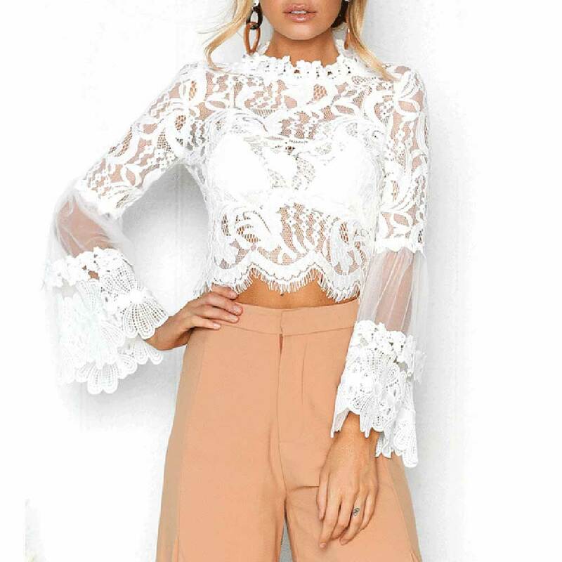Vrouwen Shirt Wit Kant Blouse Sexy See Through Flare Lange Mouwen Crop Top 2021 Office Party Casual Blouses Shirts Dames tops