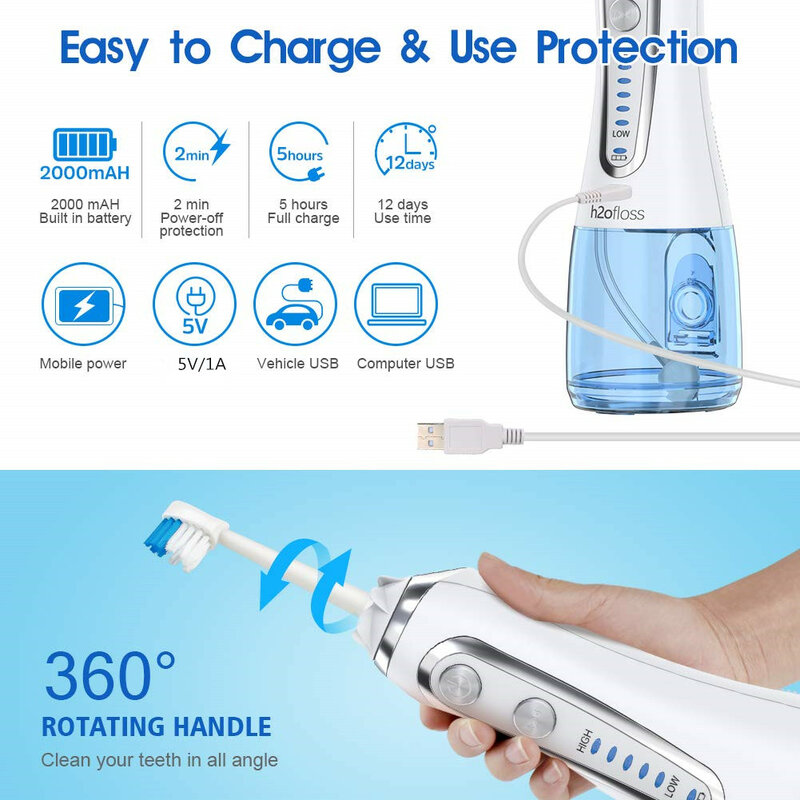 5 Modes Oral Irrigator USB Rechargeable Portable Dental Water Flosser Jet 300ml Irrigator Dental Teeth Cleaner + 5 Jet Tip & Bag