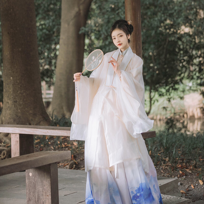 Hanfu-女性用プリーツスカート,3ピース,オリジナル,カスタム,スタンドカラー,傾斜カーディガンショール付き