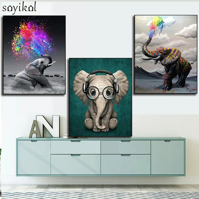 Drawing By Number Animal Cute Elephant Wear Glasses Hanging Picture Wall Art Oil Painting By Numbers DIY Hand Painted Kids Gift
