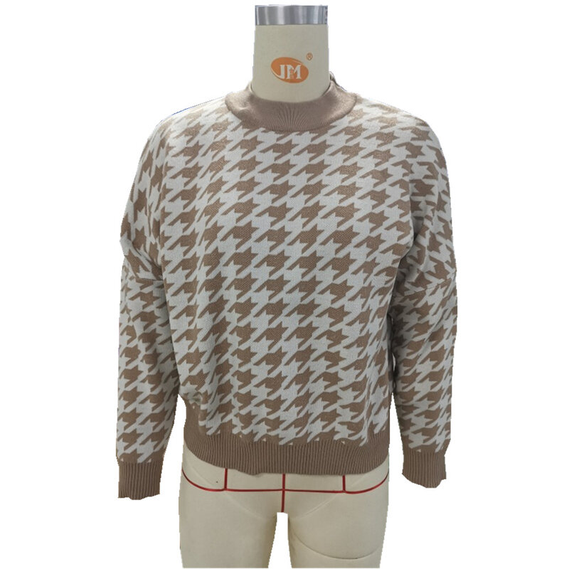 Женский трикотажный свитер цвета хаки, Повседневный пуловер с геометрическим узором «гусиные лапки», джемперы в стиле ретро, одежда для осе...